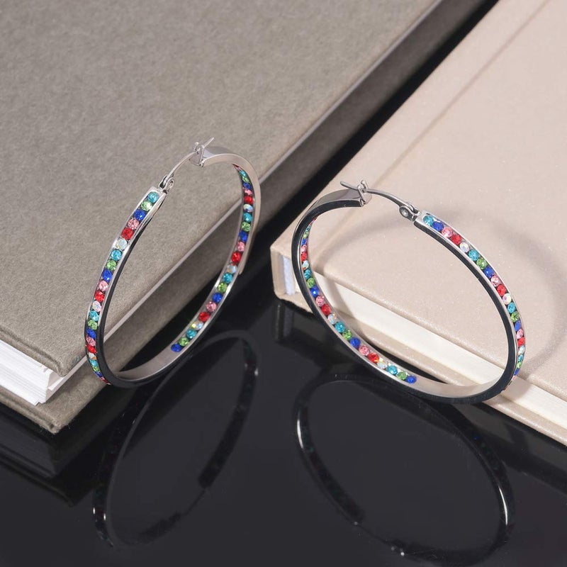 CiNily Ladies Earring Hoops Stainless Steel Hoop Earrings for Women Rainbow Hoops Mult-colors Cubic Zirconia Large Big Hoop Earrings 2" - Image 4